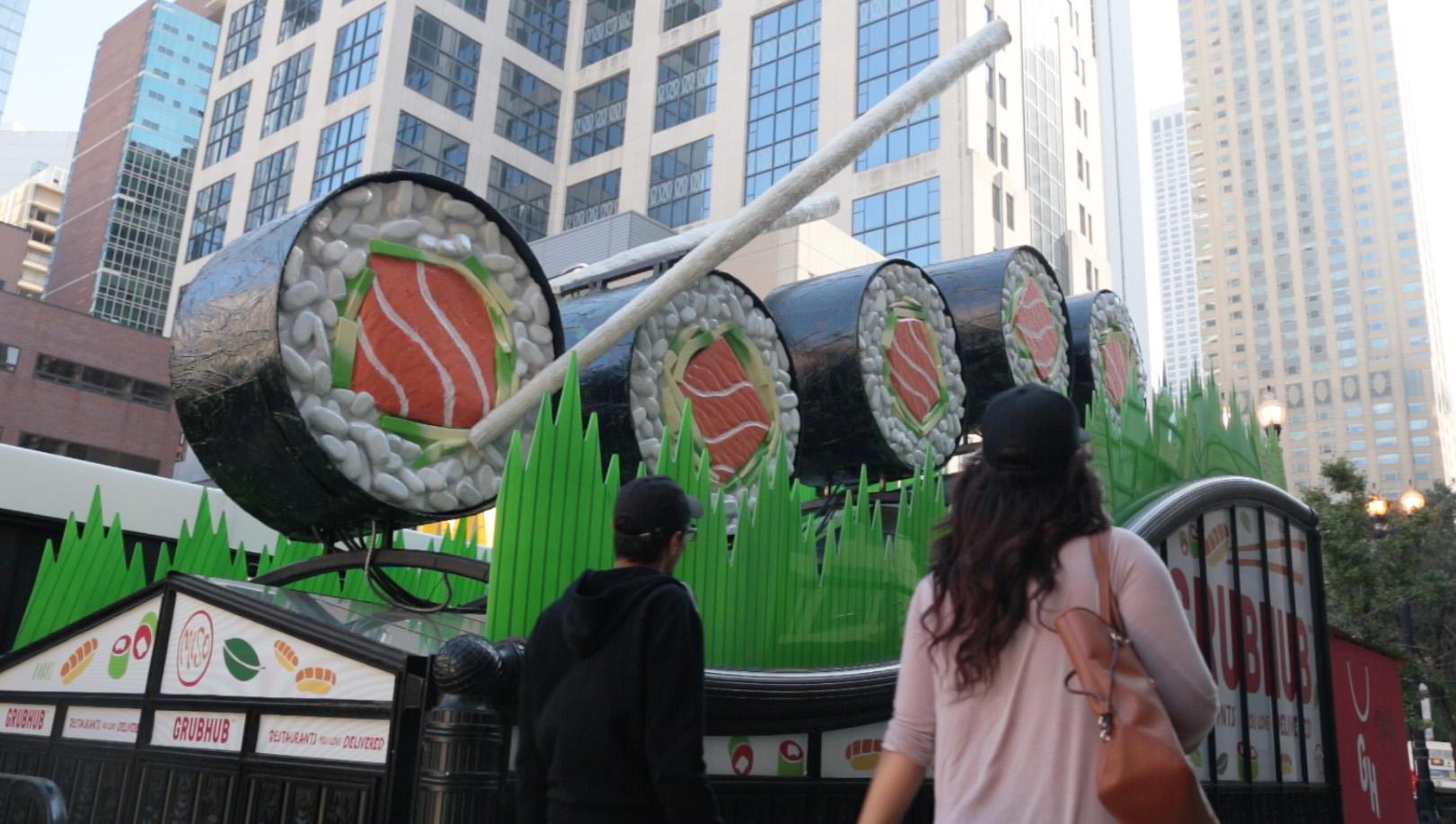 Sushi on top of Chicago CTA subway headhouse station entrance