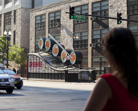 Sushi on top of Chicago CTA subway headhouse station entrance