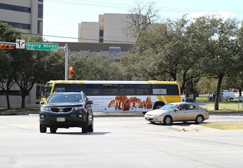 DART bus in Dallas with Dallas Morning News campaign