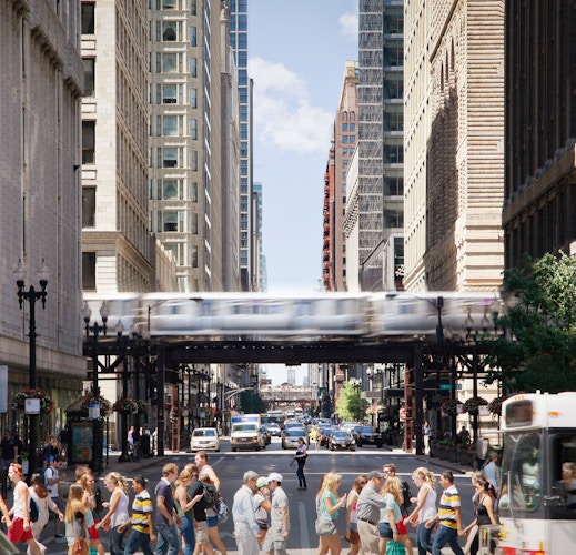 Transit and city streetscape in Chicago