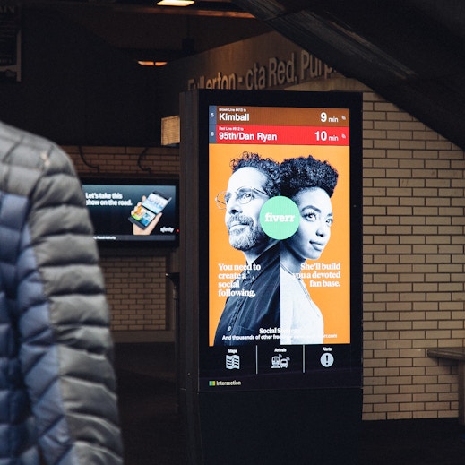 IxNTouch kiosk with transit times and advertising in the Chicago Transit Authority