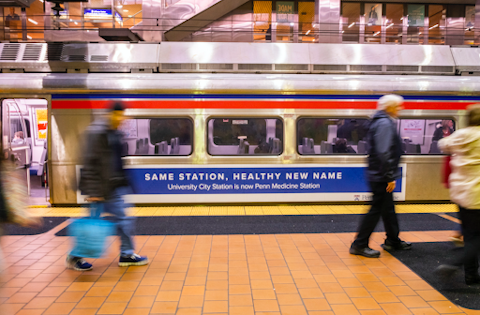 Penn Medical Station naming rights sponsorship announcement on trains in Philadelphia