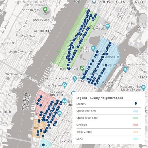 map of neighborhoods in new york where intersection digital out of home screens are compared with luxury neighborhoods